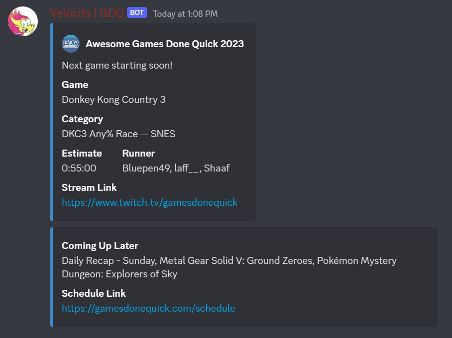 discord snapshot of my bot showing a game starting soon, its info, and the next few games incoming